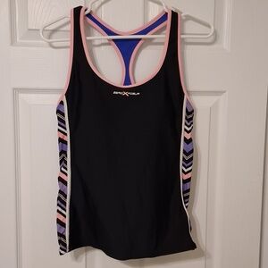 ZeroXPosur sz 12, blackn racer back tankini top with pink and lavender accents